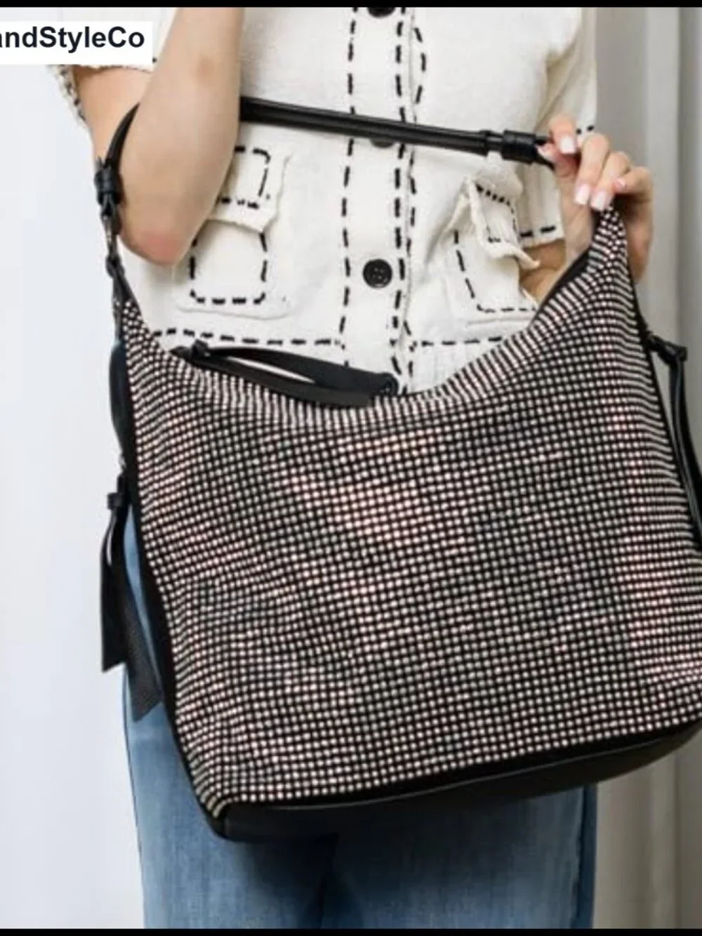 Rhinestone Hobo Handbag Faux Leather Crossbody Shoulder Bag Detachable Strap